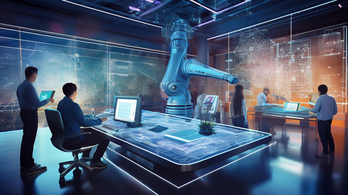 A futuristic workspace featuring robotic arms, engineers collaborating on AI technologies, and holographic data displays, symbolizing innovation in AI engineering.