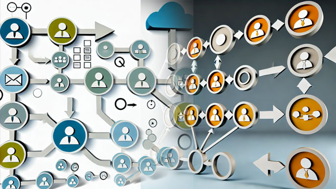 A symbolic organigraph with circles and arrows representing departments and teams, connected to show interactions and workflows within an organization.