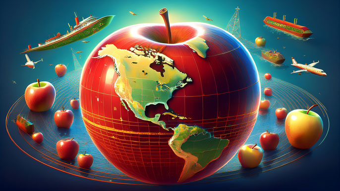 A giant red apple shaped like a globe with continents, surrounded by trade ships, planes, and apples symbolizing global apple trade routes.