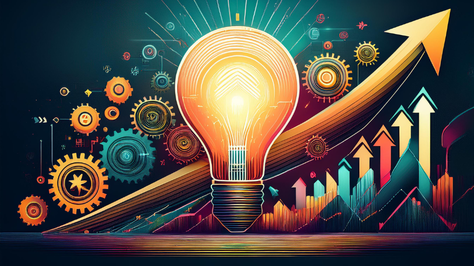 Abstract image of a glowing lightbulb and gears symbolizing innovation and business growth, with upward arrows representing progress.