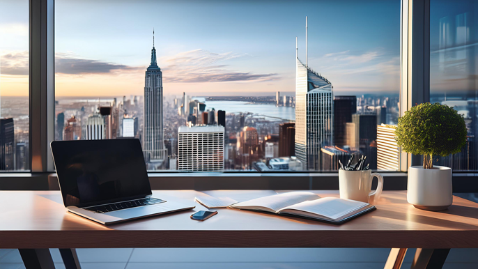 Business workspace with a laptop, notebook, and a view of the city skyline through large windows, symbolizing the concept of looking outside your organization for innovative solutions and external partnerships