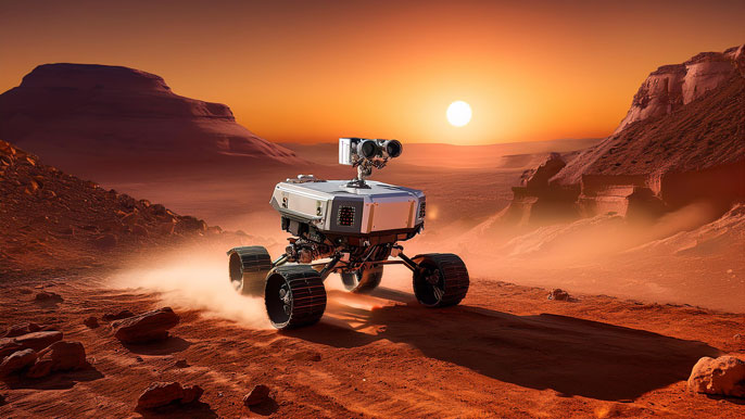 A robotic Mars rover traverses a dusty, rugged Martian landscape at sunset, with its sensors and camera raised. The scene captures the rover's exploration of the red planet, navigating rocky terrain with distant hills and a glowing sun on the horizon.