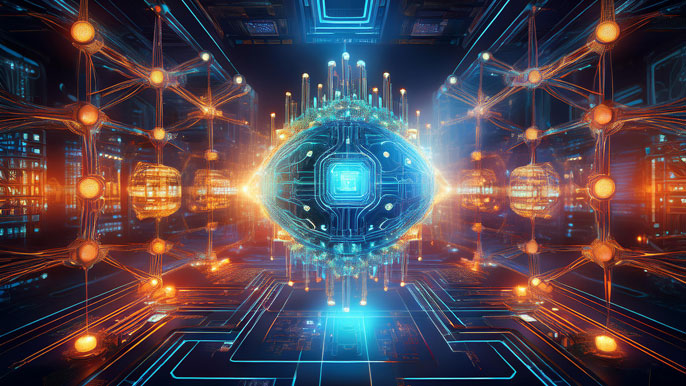 A futuristic glowing blockchain network intertwined with quantum circuits, symbolizing the intersection of quantum computing and blockchain technology.