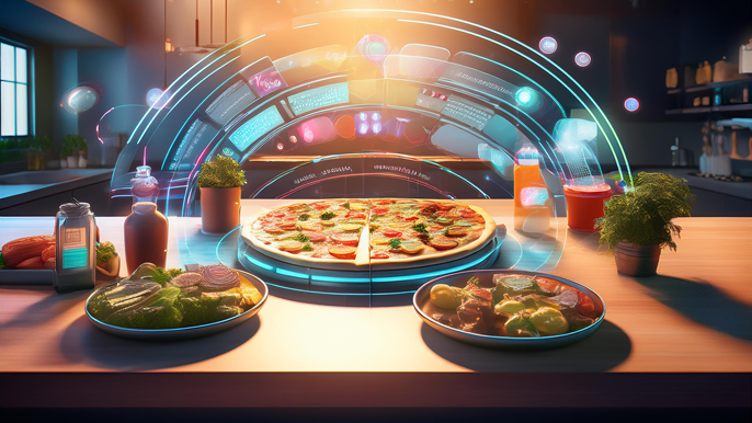 Symbolic representation of cloud kitchen operations, featuring a pizza with various digital interfaces displaying meal customization and delivery options, highlighting the future of food preparation and personalized dining experiences.