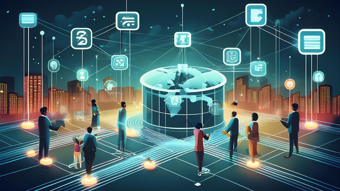 Visualization of the Open Finance Framework with interconnected banks, fintech platforms, and secure APIs, illustrating users accessing tailored financial services globally.