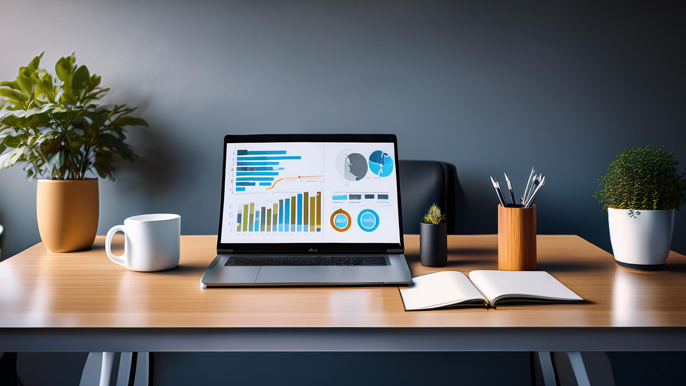 A minimalist desk setup with a laptop displaying financial charts and reports, an open notebook, and office supplies, symbolizing self-learning and business knowledge for entrepreneurs.