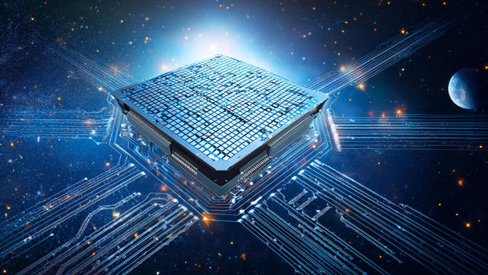 A glowing silicon chip floating in a cosmic setting, surrounded by intricate circuitry and distant stars, symbolizing advanced semiconductor technology.