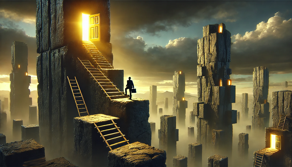 An entrepreneur climbs a towering fortress, overcoming obstacles, and reaches a glowing door at the peak symbolizing success and wealth.