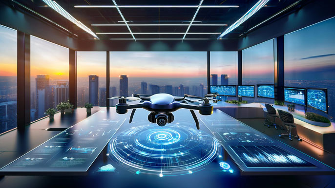 A futuristic drone hovering over a high-tech display table with holographic projections and data visualizations in a modern exhibition room, symbolizing advanced drone technology and innovation at a tech expo.