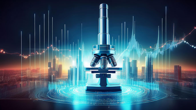 A futuristic microscope surrounded by glowing stock market charts and cityscapes, symbolizing IDHC's growth in diagnostics and market performance.