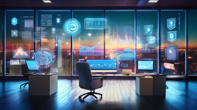 Futuristic corporate office showcasing digital interfaces with Phunware’s blockchain tokens, analytics dashboards, and mobile app solutions against a cityscape backdrop.