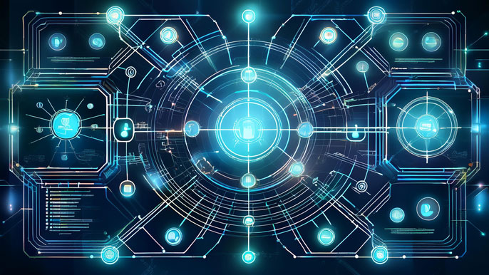 A digital interface displaying interconnected nodes and flowcharts, representing the structured process of an innovation management system, including idea generation, evaluation, prototyping, and implementation.