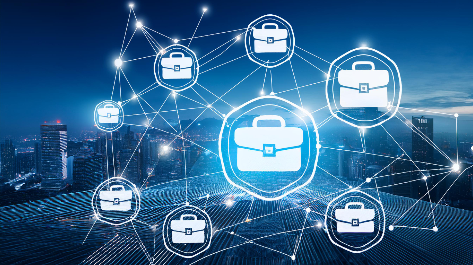 A creative representation of business networking with interconnected briefcase icons symbolizing career opportunities and professional growth, set against a backdrop of a modern city skyline.