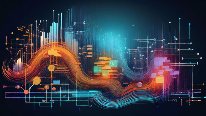 A flowchart visual illustrating the semi-supervised learning process, merging streams of labeled and unlabeled data into a unified model to improve accuracy in data-driven business applications.