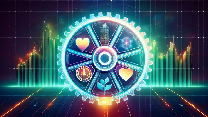 A glowing wheel representing sector rotation, with icons for healthcare, energy, and technology linked to a stock market graph, symbolizing opportunities across economic cycles.