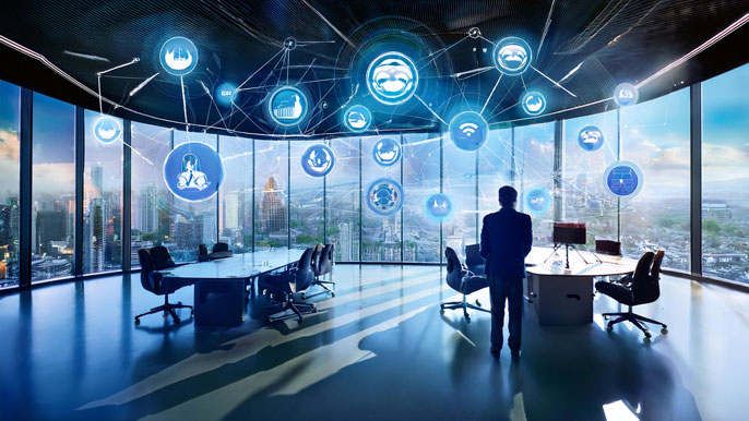 A futuristic office setting with interconnected digital icons representing various departments, such as finance, operations, and strategy, symbolizing the VP's role in overseeing and managing multiple aspects of the business.