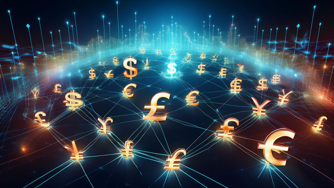 Glowing web of interconnected currency symbols, including dollar, euro, pound, and yen, representing the global nature of currency risk and international trade, with financial charts and data streams symbolizing strategic risk management.