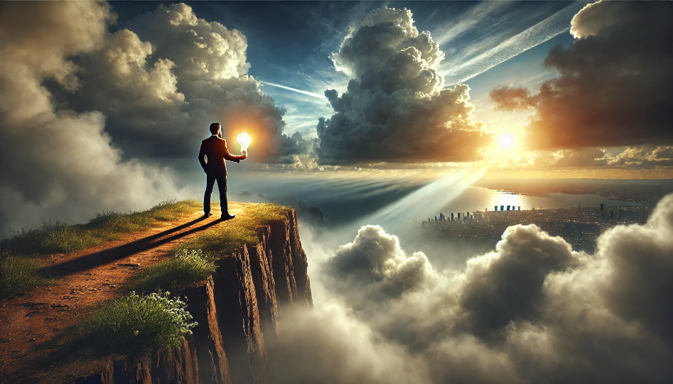 An entrepreneur stands at the edge of a cliff, holding a glowing light bulb, overlooking a vast, foggy ocean under a partly cloudy sky, symbolizing the leap of faith in starting a business.