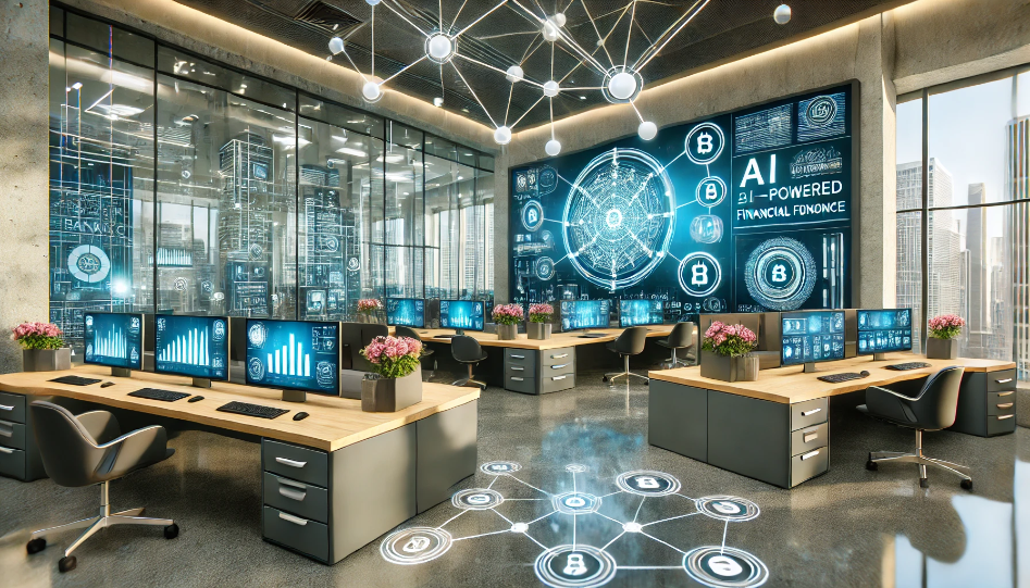 Modern financial services office with advanced technology, including digital banking stations, AI-powered tools, and secure blockchain networks, designed with a focus on cybersecurity and sustainability.