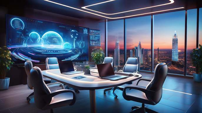 A modern workspace featuring laptops and a large screen displaying a 3D Metaverse environment with digital landscapes, symbolizing the integration of the Metaverse into business operations.