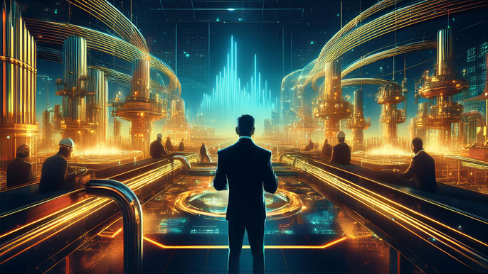 A futuristic trading floor with glowing pipes of gold, oil, and grains flowing into gears powering financial skyscrapers.