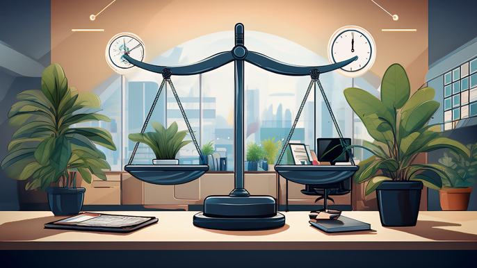 Abstract image representing productivity and managing workplace burnout, featuring balancing scales, plants, and a modern office setting, symbolizing a balanced and healthy work environment.