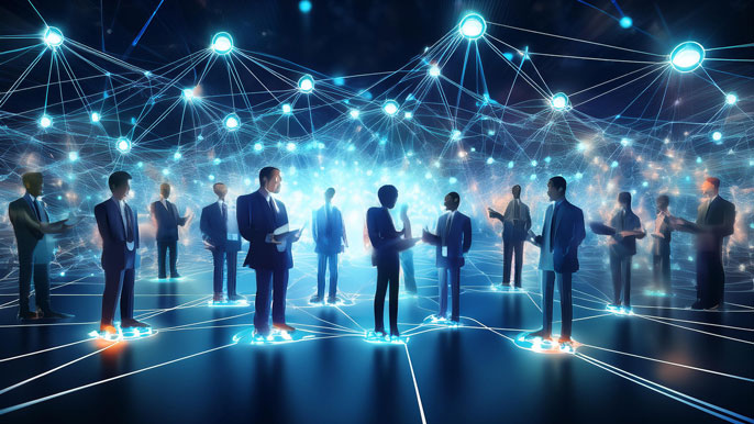 A group of business professionals connected by glowing digital networks, symbolizing collaboration and entrepreneurship within the Harvard Business School global network.