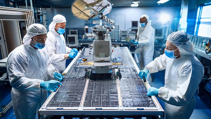 Engineers in a cleanroom assembling a small satellite, showcasing precision hardware installation on solar panels.