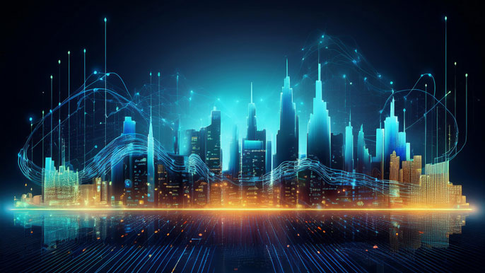 A futuristic financial skyline with glowing digital graphs and interconnected data flows, symbolizing the role of investment banking and capital markets in driving global financial growth.