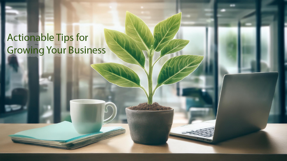 A growing plant placed on a desk with a coffee cup, notebook, and laptop in a modern office setting, symbolizing business growth and nurturing, related to actionable tips for growing your business.