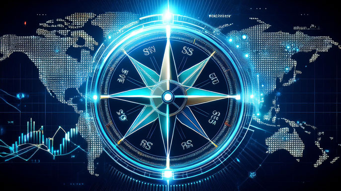 A futuristic, glowing digital compass with business icons pointing to various countries, set against a background of global financial data and a world map, symbolizing the best directions to take for business success in 2025.