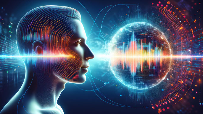 A human profile speaking into a glowing sphere of soundwaves and digital circuits, symbolizing AI-powered voice recognition technology.