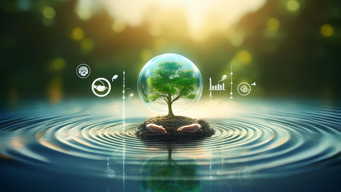 A glowing tree encased in a bubble at the center of rippling water, surrounded by icons of growth, innovation, and progress, symbolizing the ripple effect of taking action today.