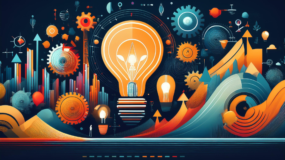 Abstract depiction of generating business ideas with light bulbs, gears, and arrows symbolizing creativity, innovation, and market exploration for starting a successful business.