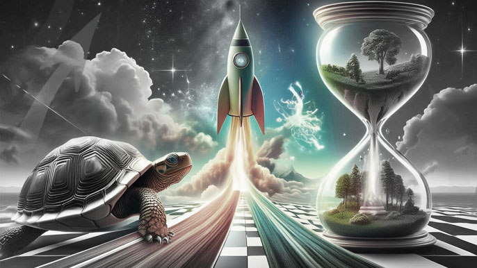 An imaginative depiction of a tortoise on a slow path, a rocket symbolizing fast action, and an hourglass with a lush forest inside, representing the balance of speed, patience, and timing in business strategy.