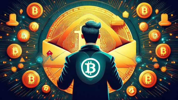 A person identifying a phishing email surrounded by glowing Bitcoin coins and warning icons, symbolizing awareness of cryptocurrency scams.