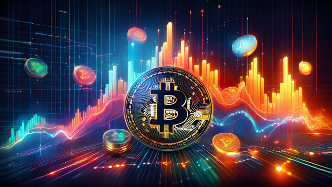 Bitcoin at the center of a vibrant cryptocurrency market display, with glowing price charts and other digital coins highlighting market trends and growth.