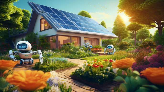 Garden with solar panels on the house roof, tended by small, friendly robots. Garden is filled with flowers, and the robots maintain the plants and solar energy systems, symbolizing the harmony between robotics, sustainability, and smart home technology.