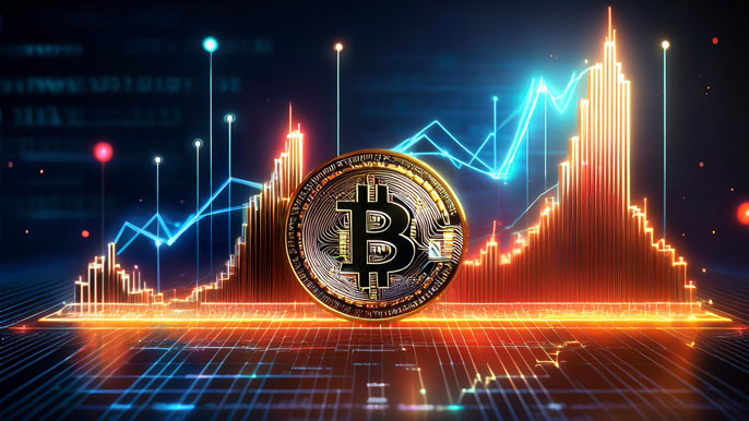 A glowing Bitcoin coin in front of a futuristic financial chart with rising and falling trends, symbolizing Bitcoin's market predictions for 2025.