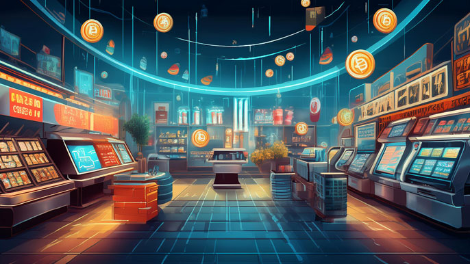 A futuristic online store with stablecoin payment options displayed, glowing cryptocurrency symbols integrated into the e-commerce environment.