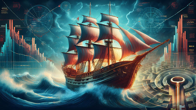 A ship with glowing sails navigates turbulent waves of stock charts and financial data, symbolizing hedge funds' strategies in volatile markets. A golden key and maze represent the pursuit of profit.