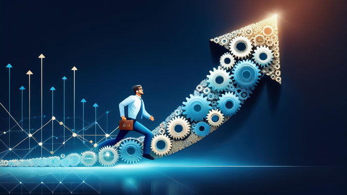 A business leader walking upward along a path made of interconnected gears forming an arrow pointing to success, symbolizing the CEO's role in driving company growth and innovation through strategic leadership.