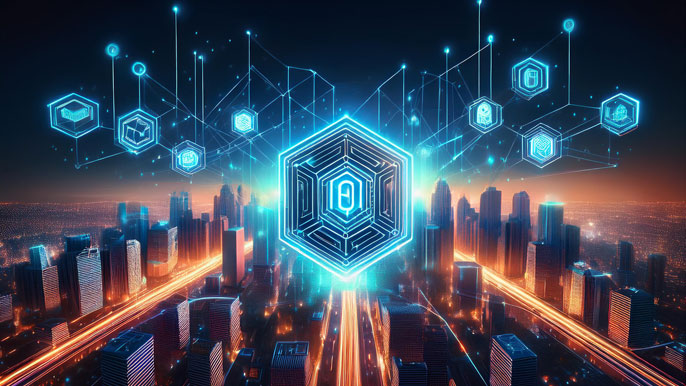 The image depicts a glowing Ethereum logo surrounded by interconnected nodes and futuristic holographic icons over a cityscape, symbolizing innovation and blockchain technology.