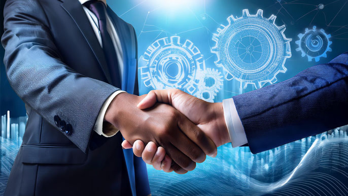 Two businesspeople shaking hands, with gears and digital blueprints in the background, symbolizing government-business collaboration and policy-driven growth in India.