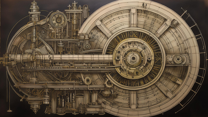 Intricate mechanical engineering machine drawing illustrating complex industrial mechanisms and systems, symbolizing innovation and entrepreneurship in mechanical engineering.