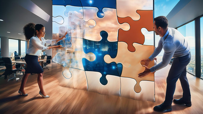 Two team members, one in-person and one virtual, collaborate to complete a large puzzle. The image symbolizes the combination of teamwork in dynamic office settings and distant remote environments, illustrating hybrid team-building efforts.