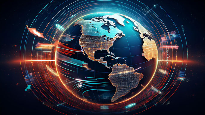 A glowing world globe with highlighted cities and dynamic arrows representing global capital flow between the United States and other countries.