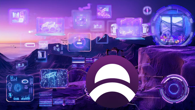 Mines of Dalarnia (DAR) logo displayed over a futuristic mining landscape with holographic resource screens and decentralized blockchain elements.