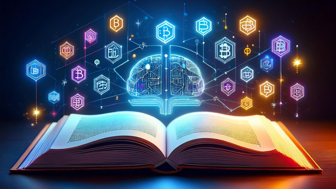 An open book with glowing blockchain symbols and cryptocurrency icons floating above, representing foundational knowledge in crypto.