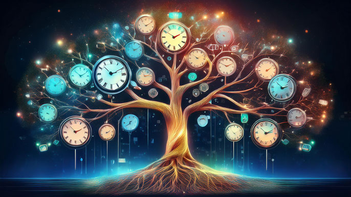 A glowing tree with branches displaying clocks set to different global time zones, symbolizing the convergence of productivity across regions. The roots connect to various industries, representing the nourishment of continuous work in a global economy.